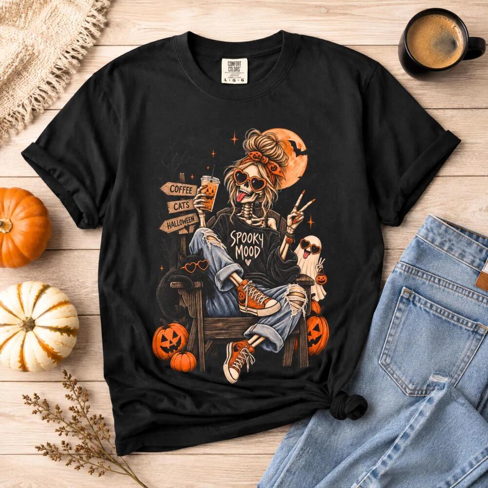 Halloween Graphic Tee, Skeleton Girl Coffee Shirt, Spooky Mood Tee